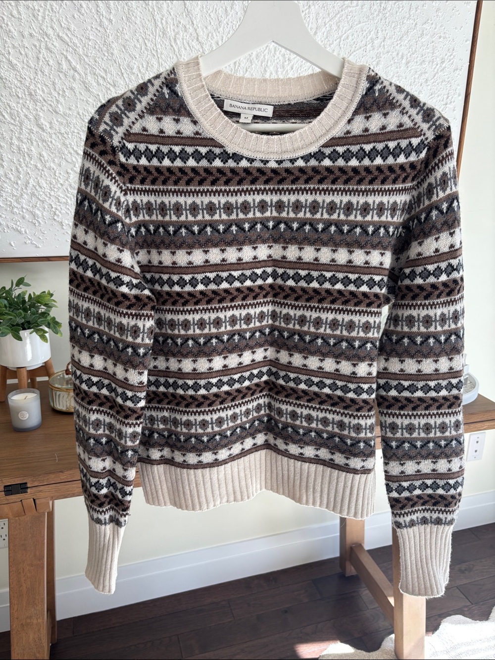 Banana Republic Cream, Brown & Gray Fair Isle Crewneck